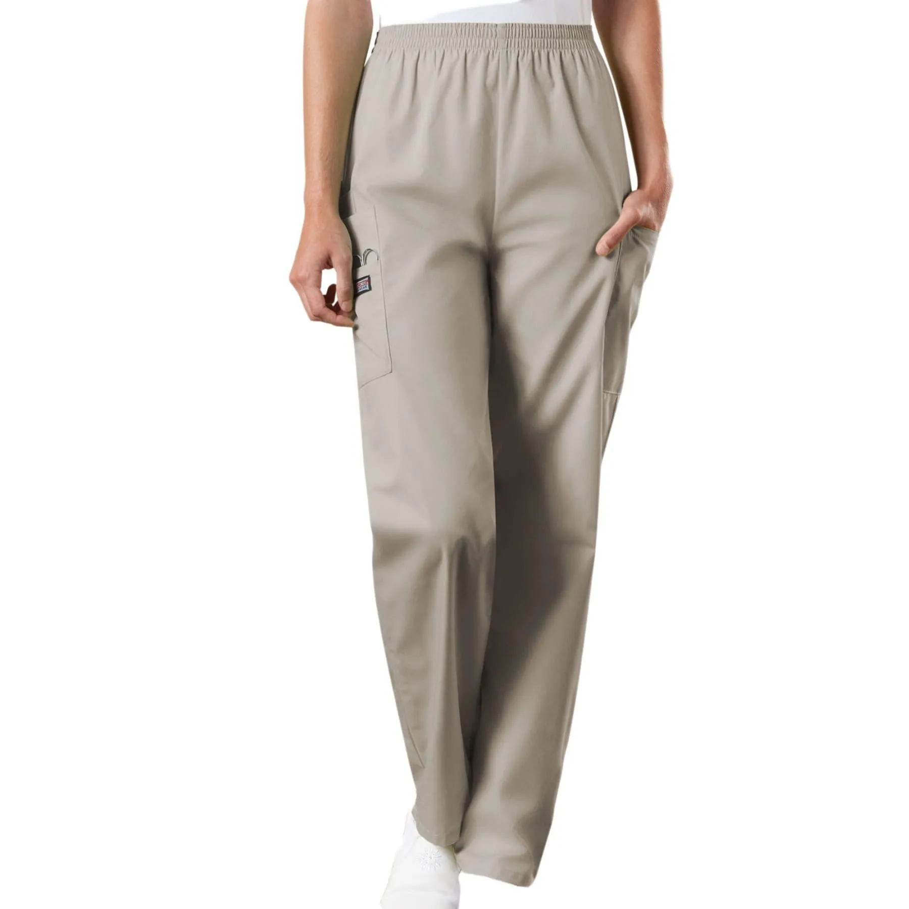 Cherokee Workwear 4200 Scrubs Pants Womens Natural Rise Tapered Pull-On Cargo Khaki