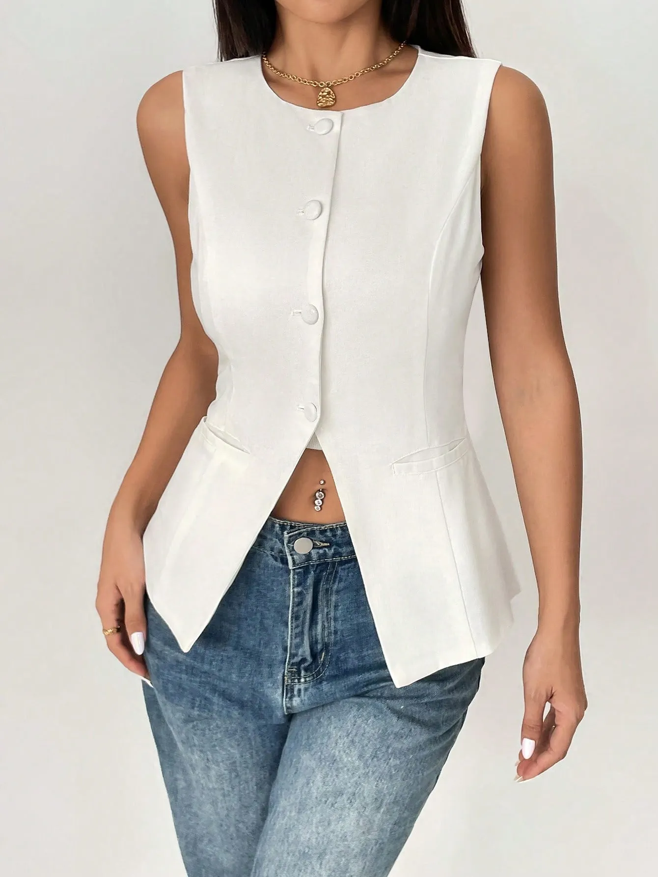 Cherry Vibes: Chaleco Blazer con Cuello Redondo en