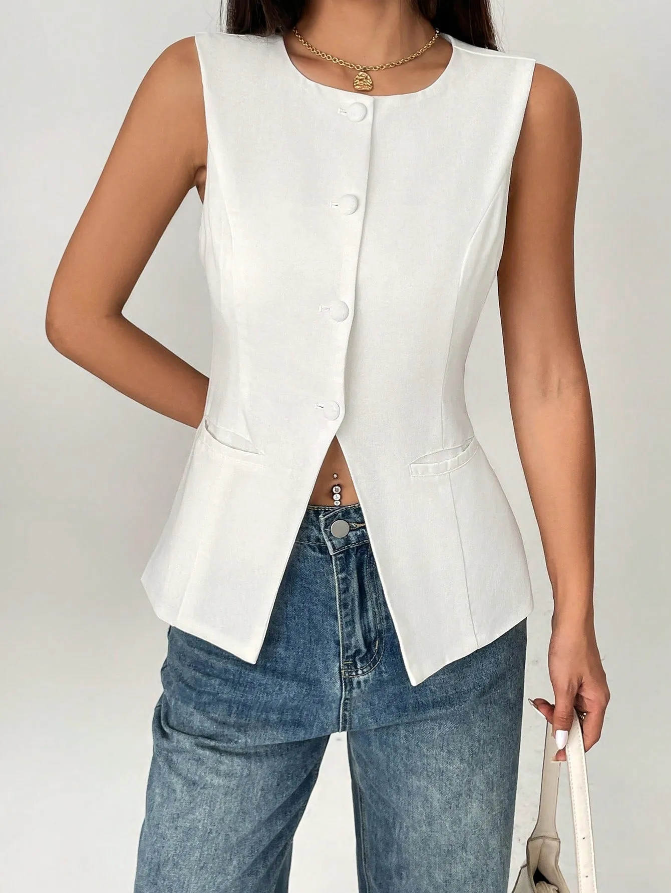 Cherry Vibes: Chaleco Blazer con Cuello Redondo en