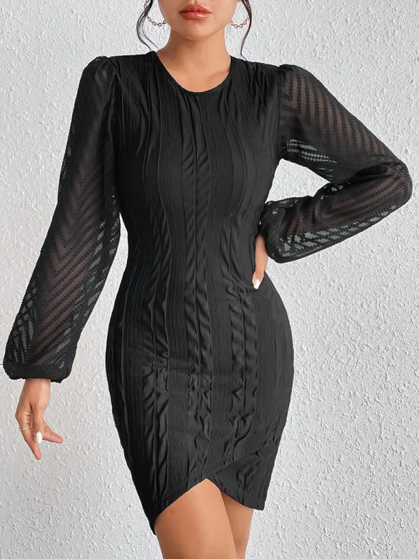 Chevron Sleeve Slim Fit Dress with Asymmetrical Hemline