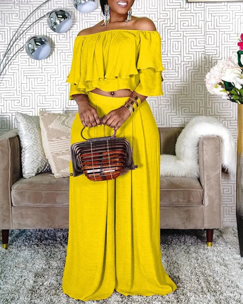 Chic Women's Two Piece Set with Ruffles and Wide Leg Pants