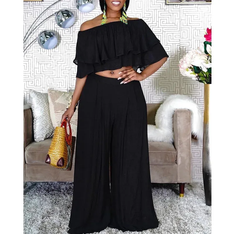 Chic Women's Two Piece Set with Ruffles and Wide Leg Pants