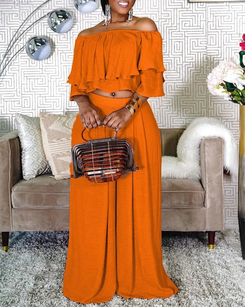 Chic Women's Two Piece Set with Ruffles and Wide Leg Pants