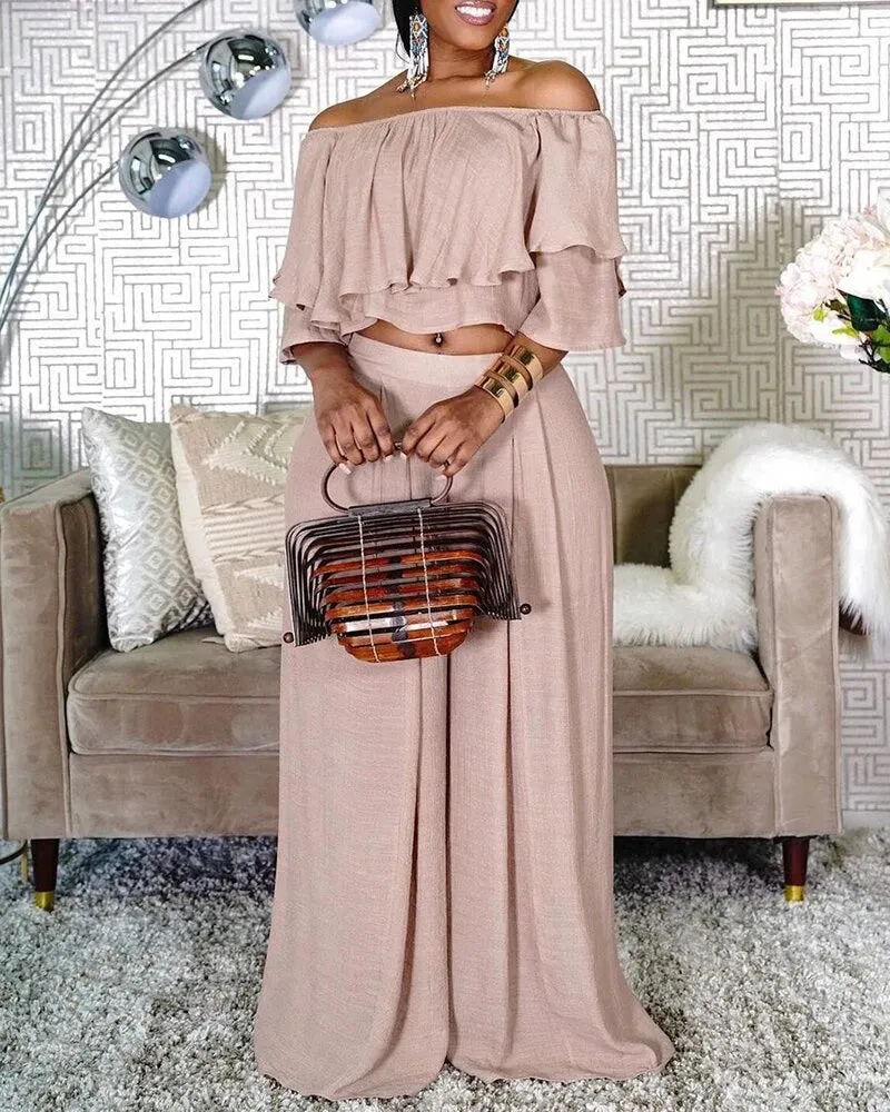 Chic Women's Two Piece Set with Ruffles and Wide Leg Pants