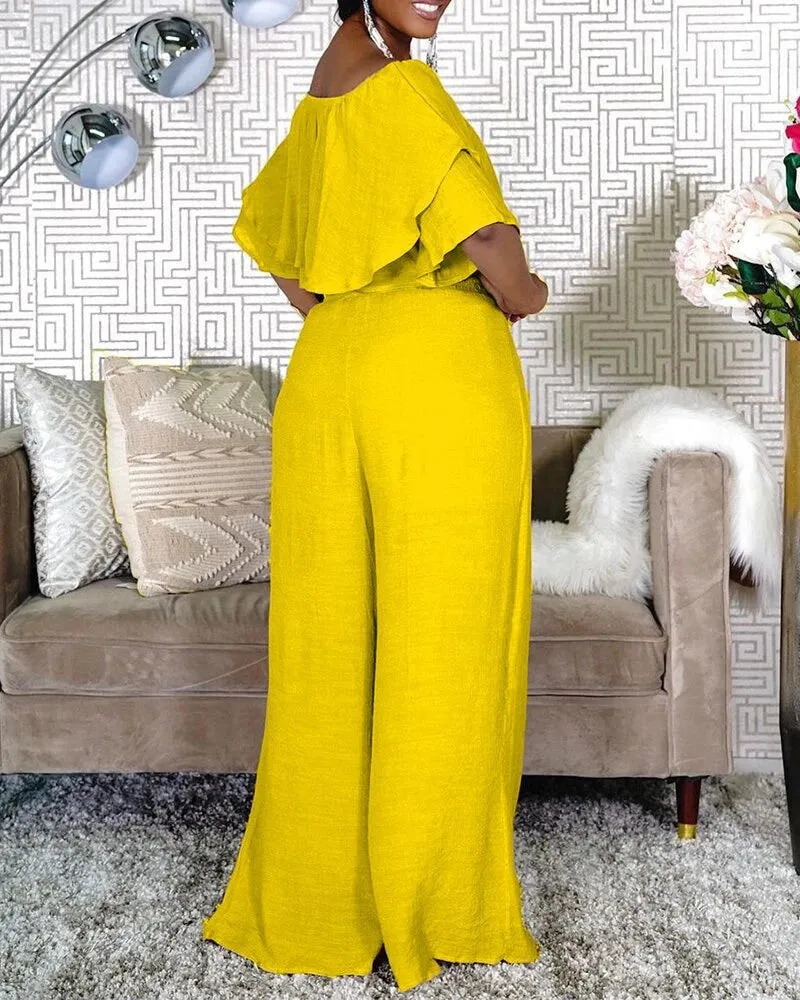Chic Women's Two Piece Set with Ruffles and Wide Leg Pants