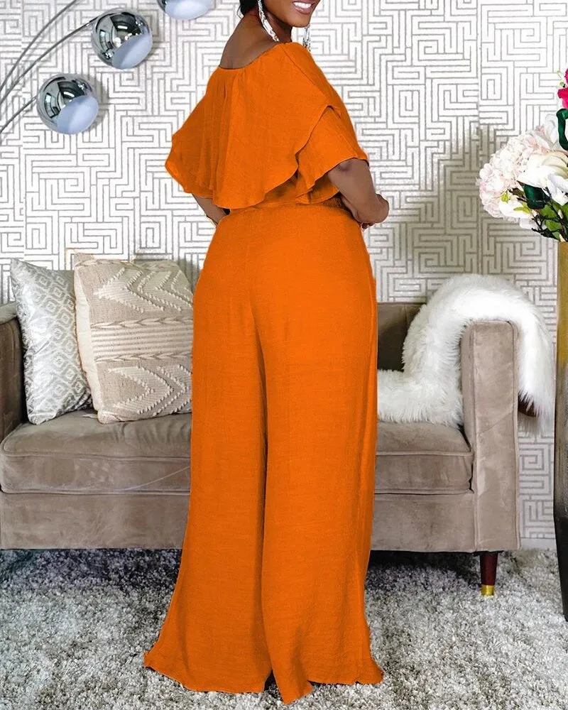 Chic Women's Two Piece Set with Ruffles and Wide Leg Pants