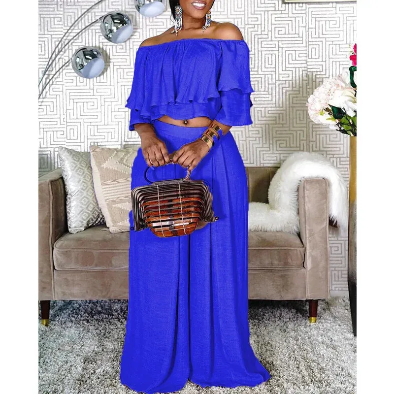 Chic Women's Two Piece Set with Ruffles and Wide Leg Pants