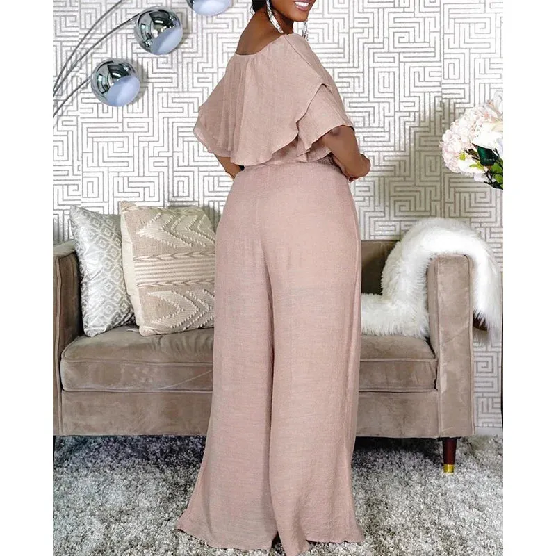 Chic Women's Two Piece Set with Ruffles and Wide Leg Pants