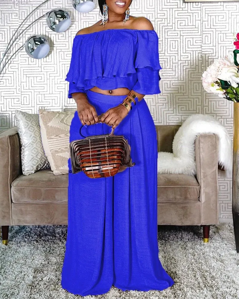 Chic Women's Two Piece Set with Ruffles and Wide Leg Pants