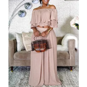 Chic Women's Two Piece Set with Ruffles and Wide Leg Pants