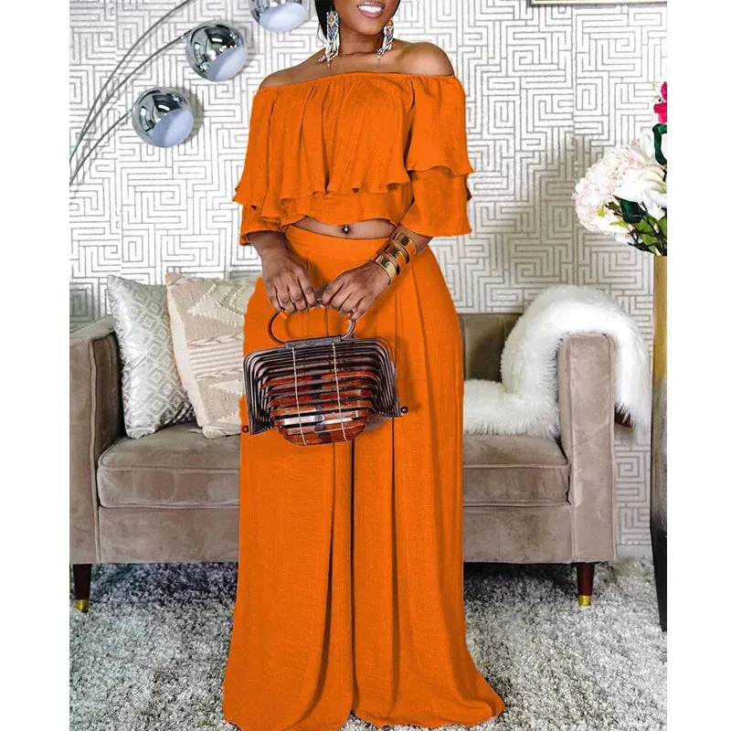 Chic Women's Two Piece Set with Ruffles and Wide Leg Pants