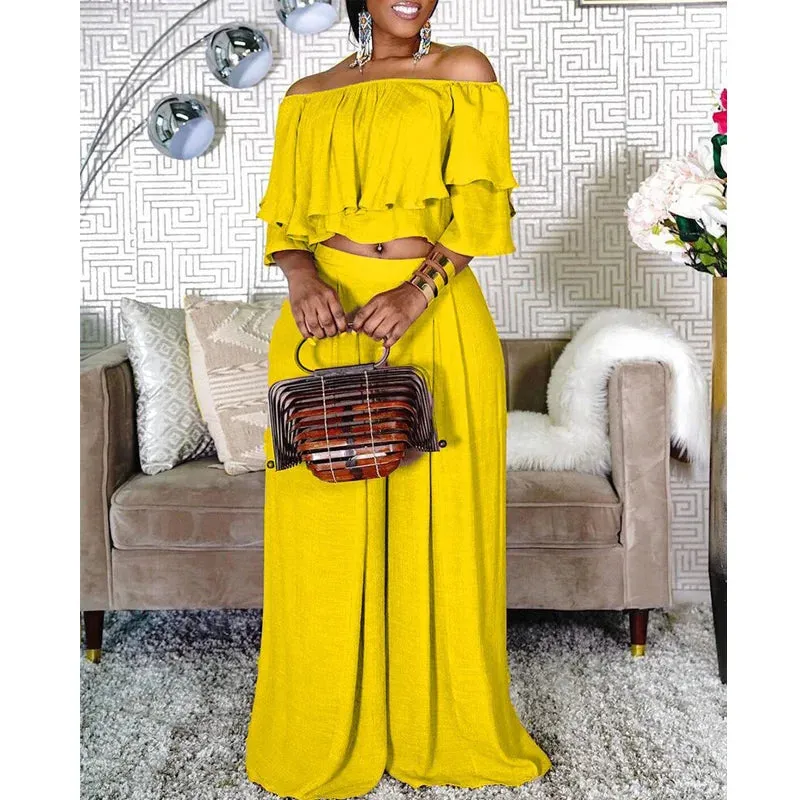 Chic Women's Two Piece Set with Ruffles and Wide Leg Pants