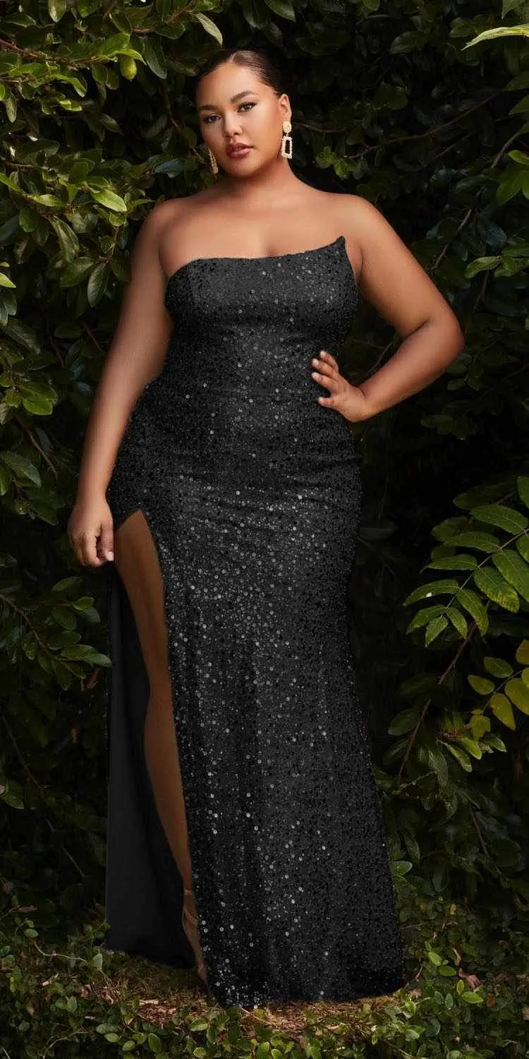Cinderella Divine CH165C Long Strapless Asymmetrical Fitted Sequin Gown
