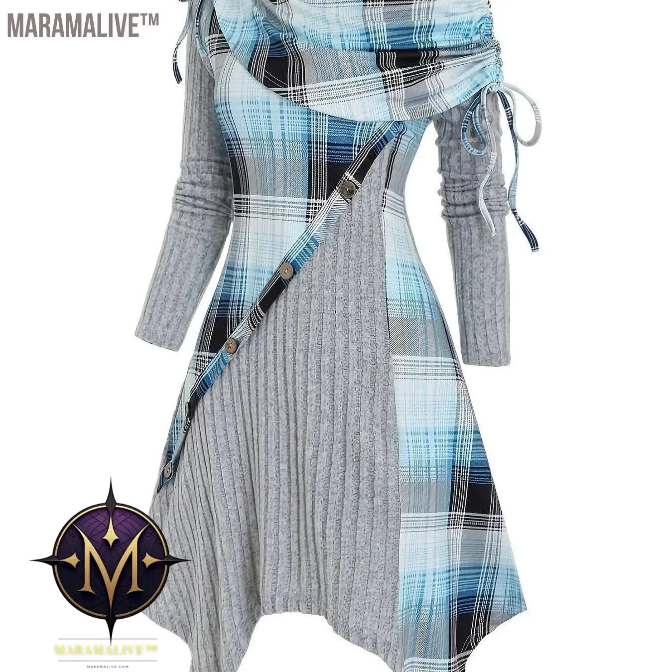 Contrast Plaid Cowl Neck Dress, Vintage Long Sleeve Asymmetrical Dress, Women's Clothing