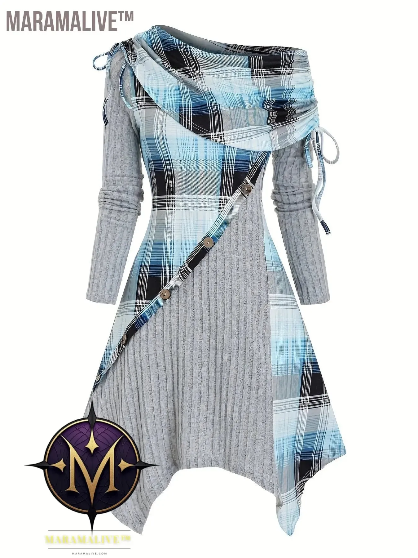 Contrast Plaid Cowl Neck Dress, Vintage Long Sleeve Asymmetrical Dress, Women's Clothing