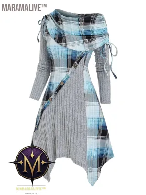 Contrast Plaid Cowl Neck Dress, Vintage Long Sleeve Asymmetrical Dress, Women's Clothing