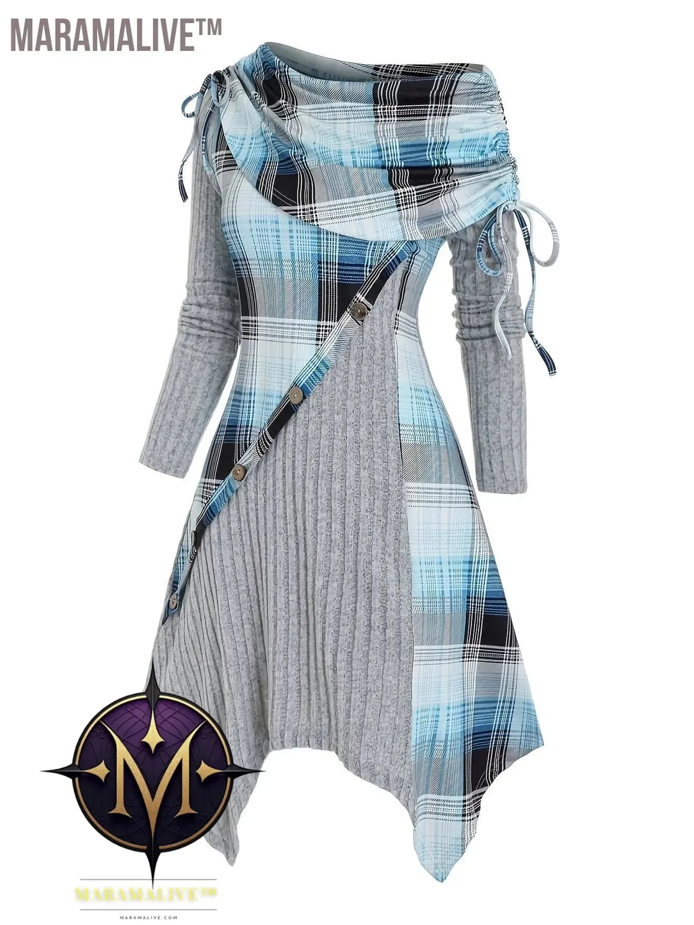 Contrast Plaid Cowl Neck Dress, Vintage Long Sleeve Asymmetrical Dress, Women's Clothing