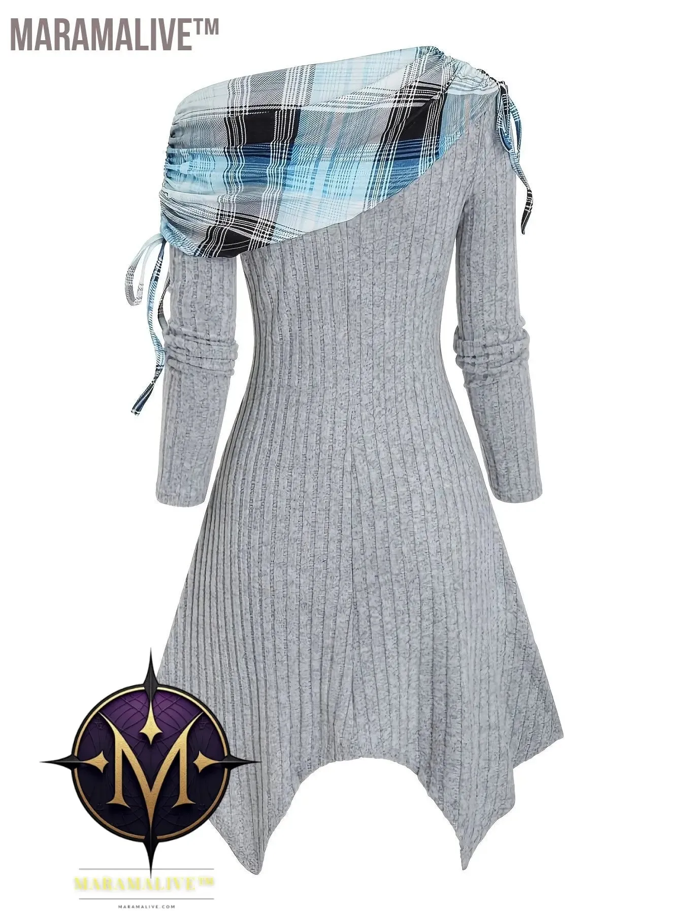 Contrast Plaid Cowl Neck Dress, Vintage Long Sleeve Asymmetrical Dress, Women's Clothing
