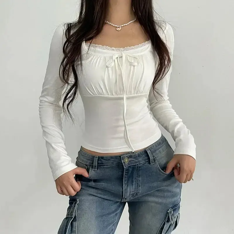 Coquette Bow Ruched Bust Top with Lace Trim and Bodycon Fit