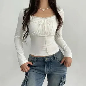 Coquette Bow Ruched Bust Top with Lace Trim and Bodycon Fit