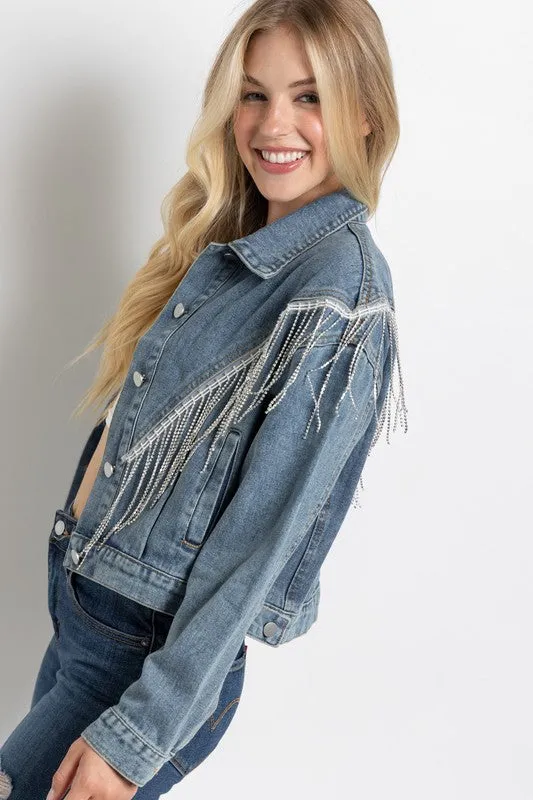 CROP DENIM JACKET WITH RHINESTONE FRINGE S-L