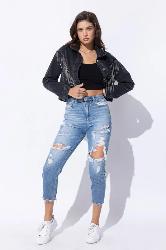 CROP DENIM JACKET WITH RHINESTONE FRINGE S-L