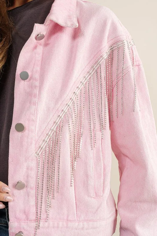 CROP DENIM JACKET WITH RHINESTONE FRINGE S-L