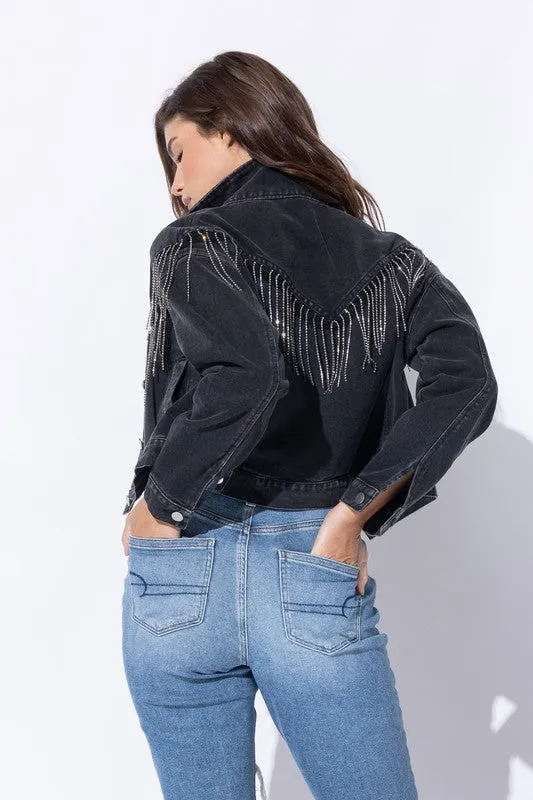 CROP DENIM JACKET WITH RHINESTONE FRINGE S-L