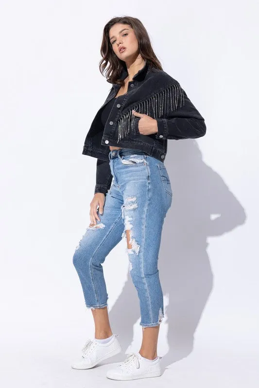 CROP DENIM JACKET WITH RHINESTONE FRINGE S-L
