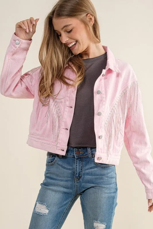 CROP DENIM JACKET WITH RHINESTONE FRINGE S-L