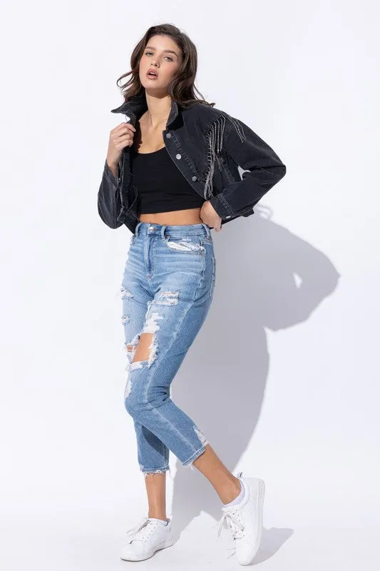 CROP DENIM JACKET WITH RHINESTONE FRINGE S-L