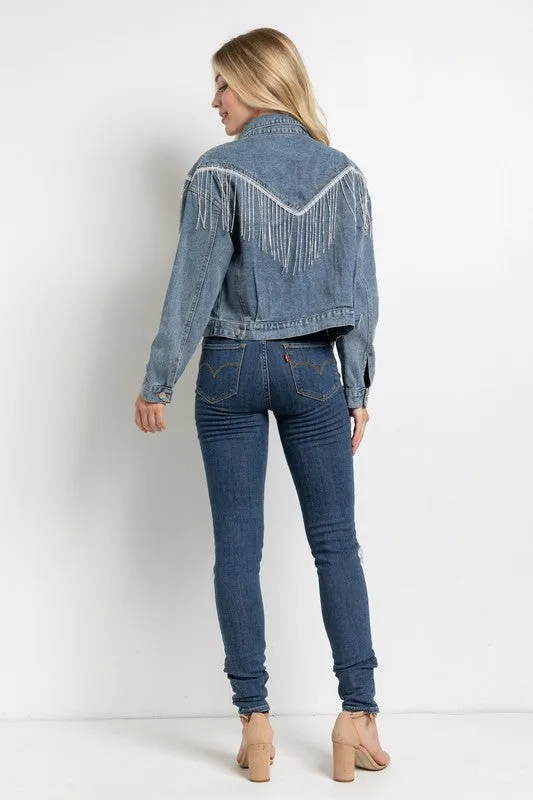 CROP DENIM JACKET WITH RHINESTONE FRINGE S-L