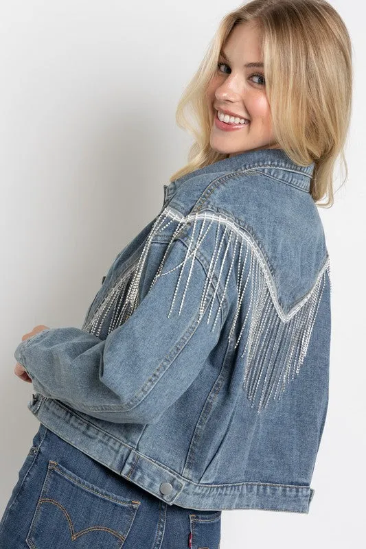 CROP DENIM JACKET WITH RHINESTONE FRINGE S-L