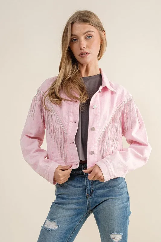 CROP DENIM JACKET WITH RHINESTONE FRINGE S-L