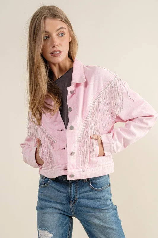 CROP DENIM JACKET WITH RHINESTONE FRINGE S-L