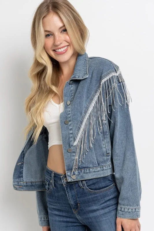 CROP DENIM JACKET WITH RHINESTONE FRINGE S-L