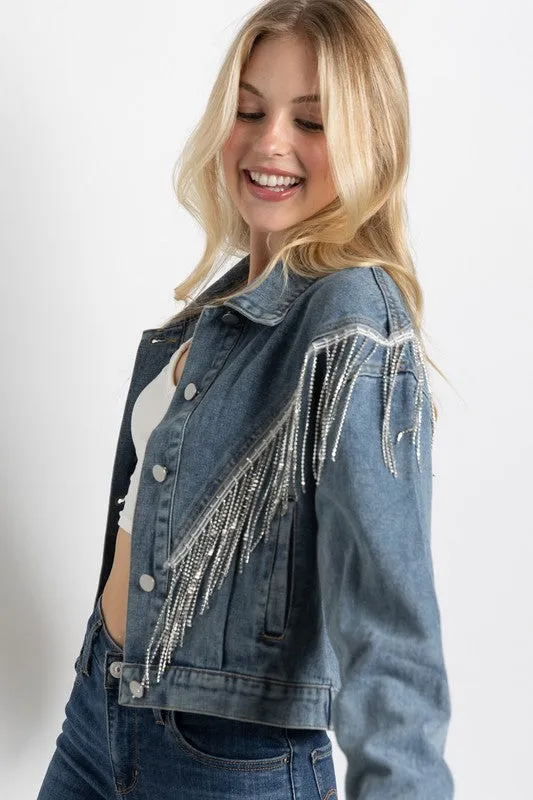 CROP DENIM JACKET WITH RHINESTONE FRINGE S-L