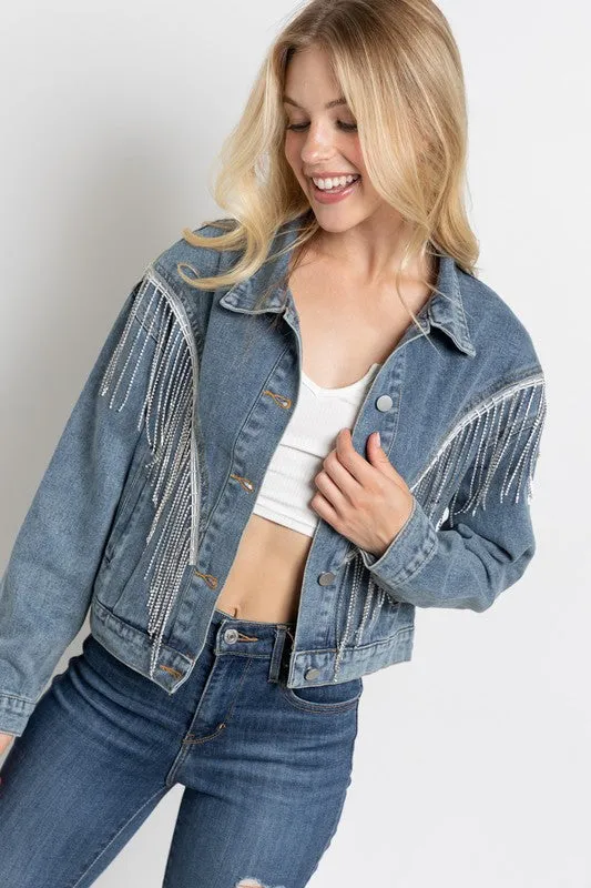 CROP DENIM JACKET WITH RHINESTONE FRINGE S-L