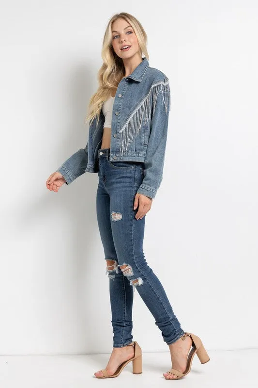 CROP DENIM JACKET WITH RHINESTONE FRINGE S-L