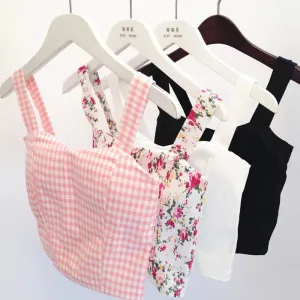 Cute Crop Top Women Plaid Floral Cropped Feminino Tank Top White Cami Short Tops Vest Summer Dill Top Cropped Women Mothers Cami