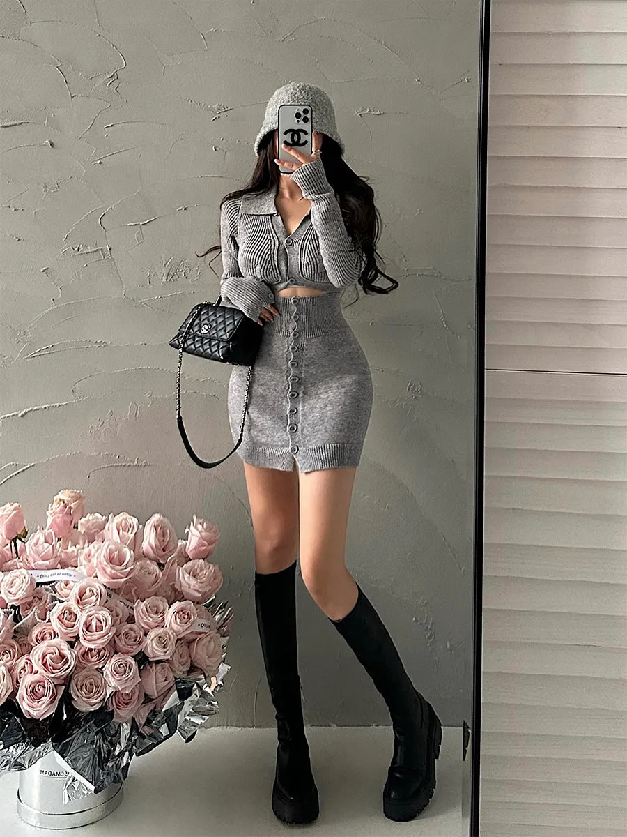 Dana Solid Color Long Sleeve Cropped Top Slim Lapel Skirt Button Up Matching Set