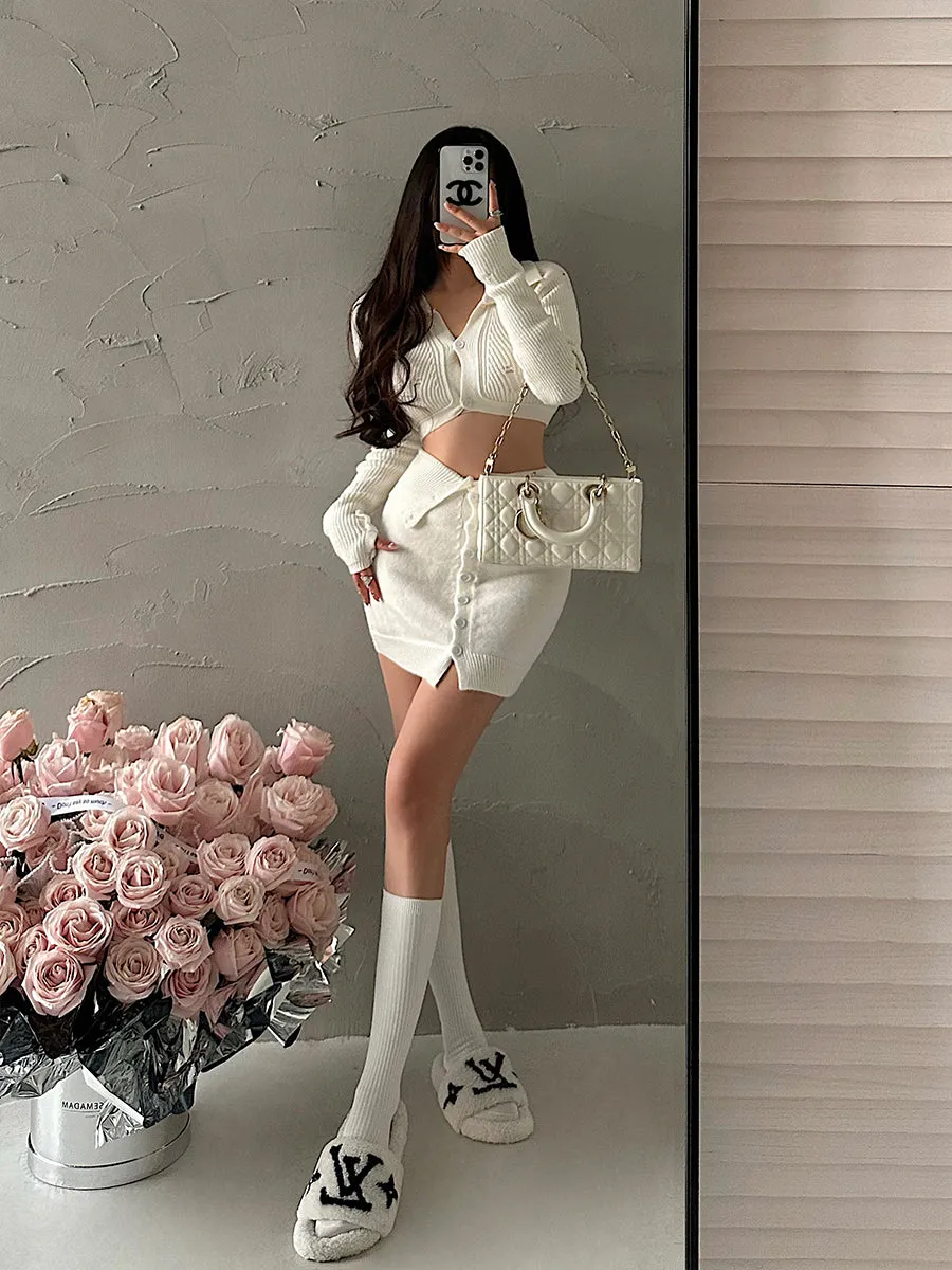 Dana Solid Color Long Sleeve Cropped Top Slim Lapel Skirt Button Up Matching Set