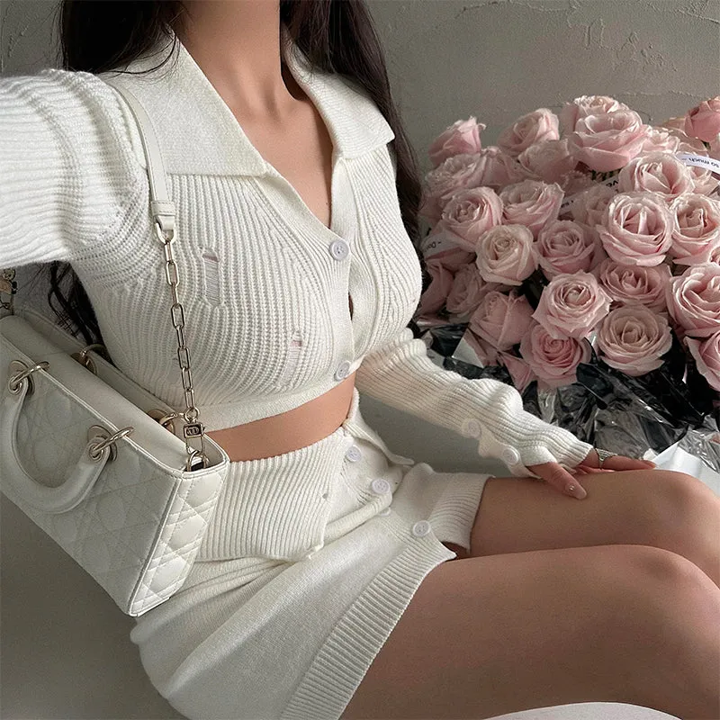 Dana Solid Color Long Sleeve Cropped Top Slim Lapel Skirt Button Up Matching Set