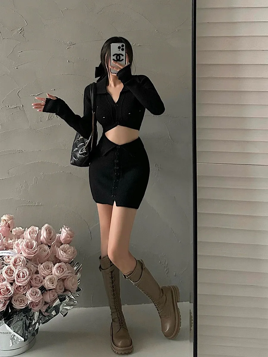 Dana Solid Color Long Sleeve Cropped Top Slim Lapel Skirt Button Up Matching Set