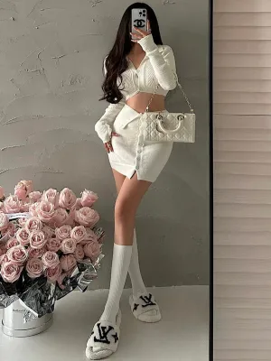 Dana Solid Color Long Sleeve Cropped Top Slim Lapel Skirt Button Up Matching Set