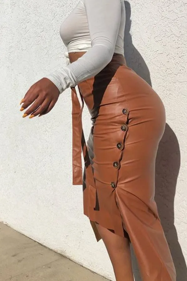 Dark Caramel Faux Leather Skirt