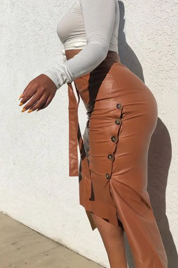 Dark Caramel Faux Leather Skirt