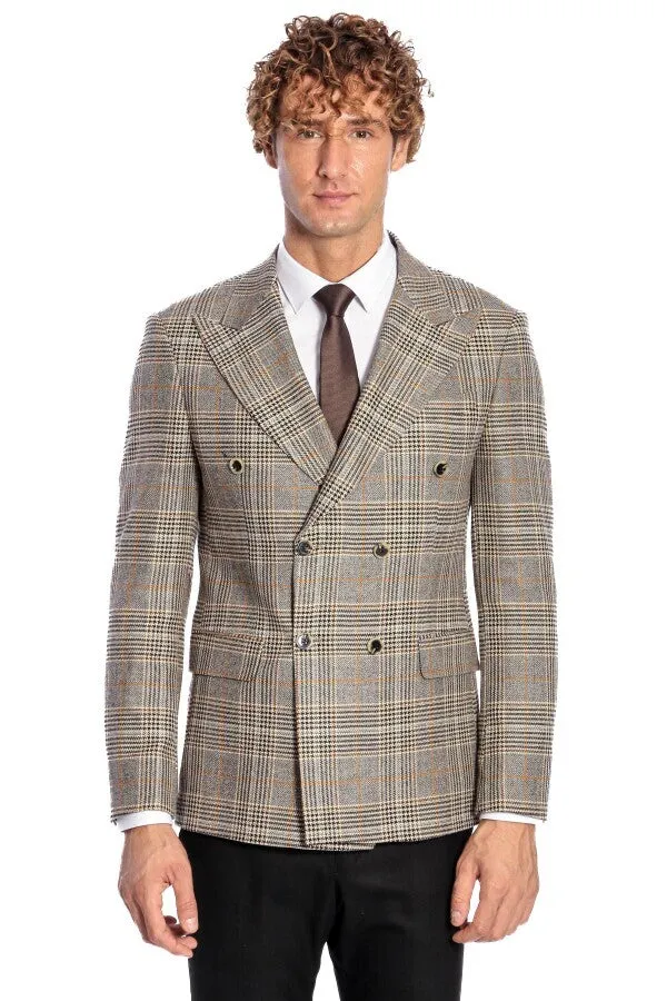 Double Breasted Checked Grey Men Blazer - Wessi
