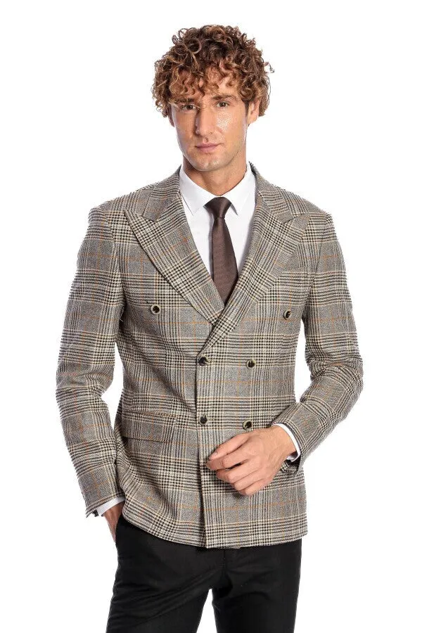 Double Breasted Checked Grey Men Blazer - Wessi