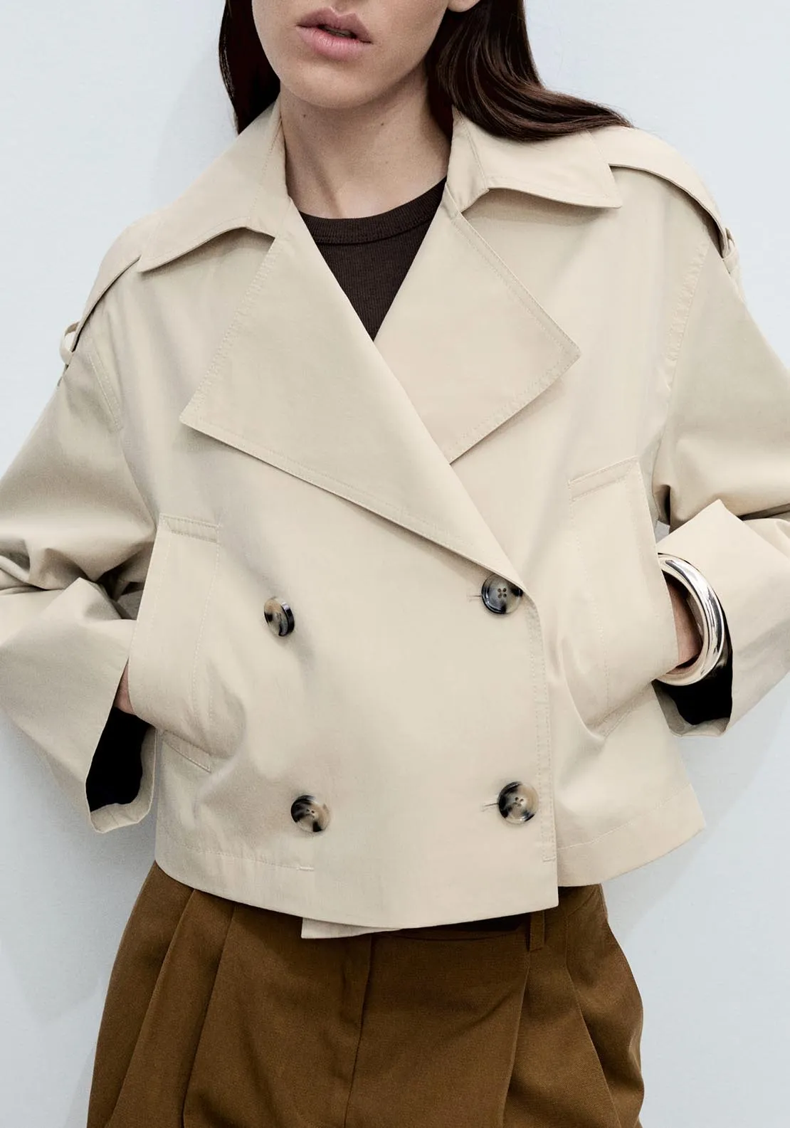 Double-breasted cropped trench coat - Light/pastel Gray